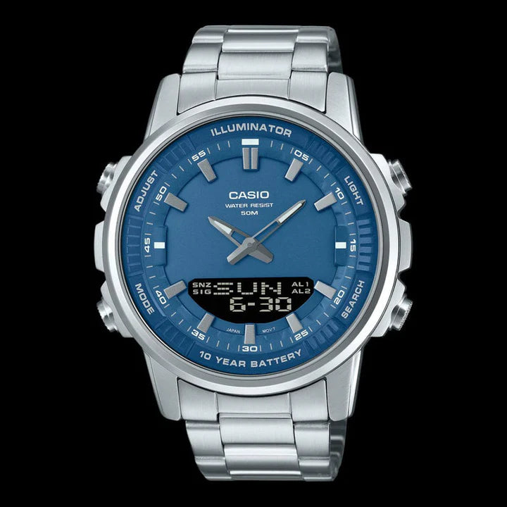 CASIO ANALOGUE DIGITAL MENS STAINLESS STEEL AMW 880 D/ Turquoise Dial Men Watch